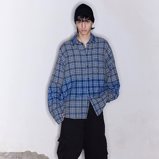 FSG 洗水褪色磨毛蓝格纹廓形衬衫