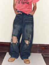 FSG 脏染破洞深蓝宽松牛仔裤