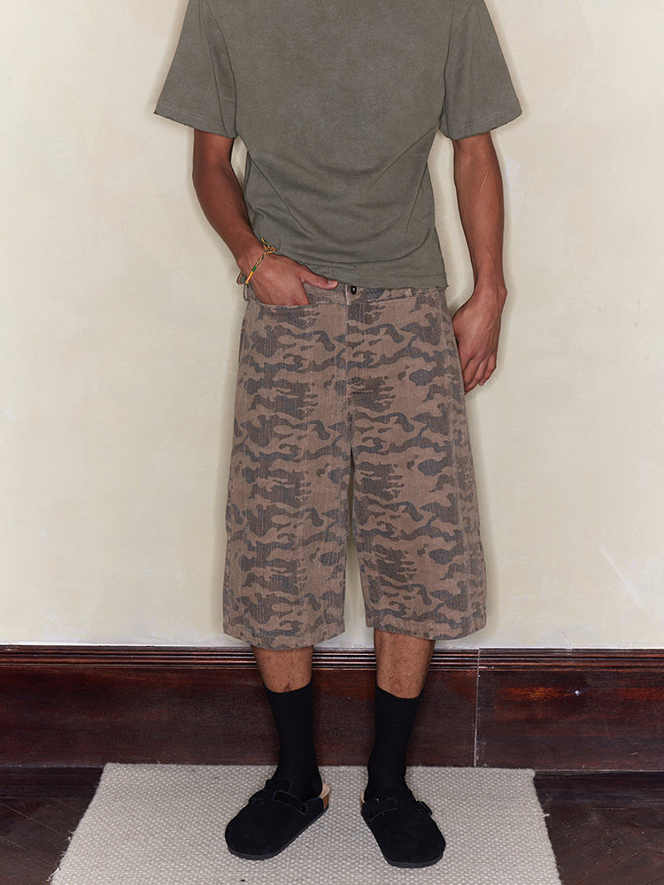 做旧隐形横插袋迷彩五分中裤