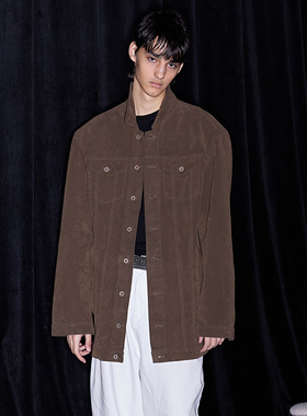 FSG 复古洗水麂皮中长款垫肩外套