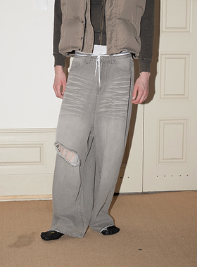 FSG水洗猫须浅灰色廓形低腰破洞牛仔裤