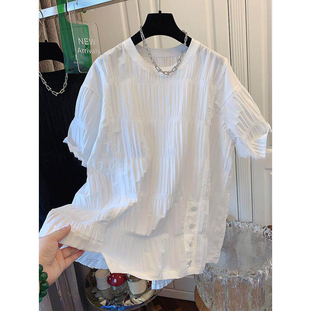 轻奢韩国小众不规则褶皱短袖衬衫上衣女T恤宽松遮肉2026夏装新款