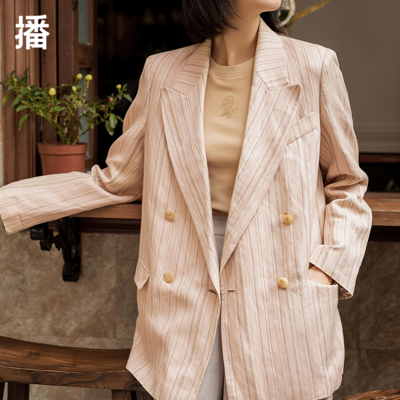播西服职业女装2024春款新款色织条纹双排扣通勤文艺西装外套女