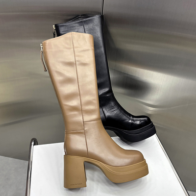 新款高跟后拉链不过膝长靴女欧洲站2025年秋季真皮显瘦骑士长筒靴