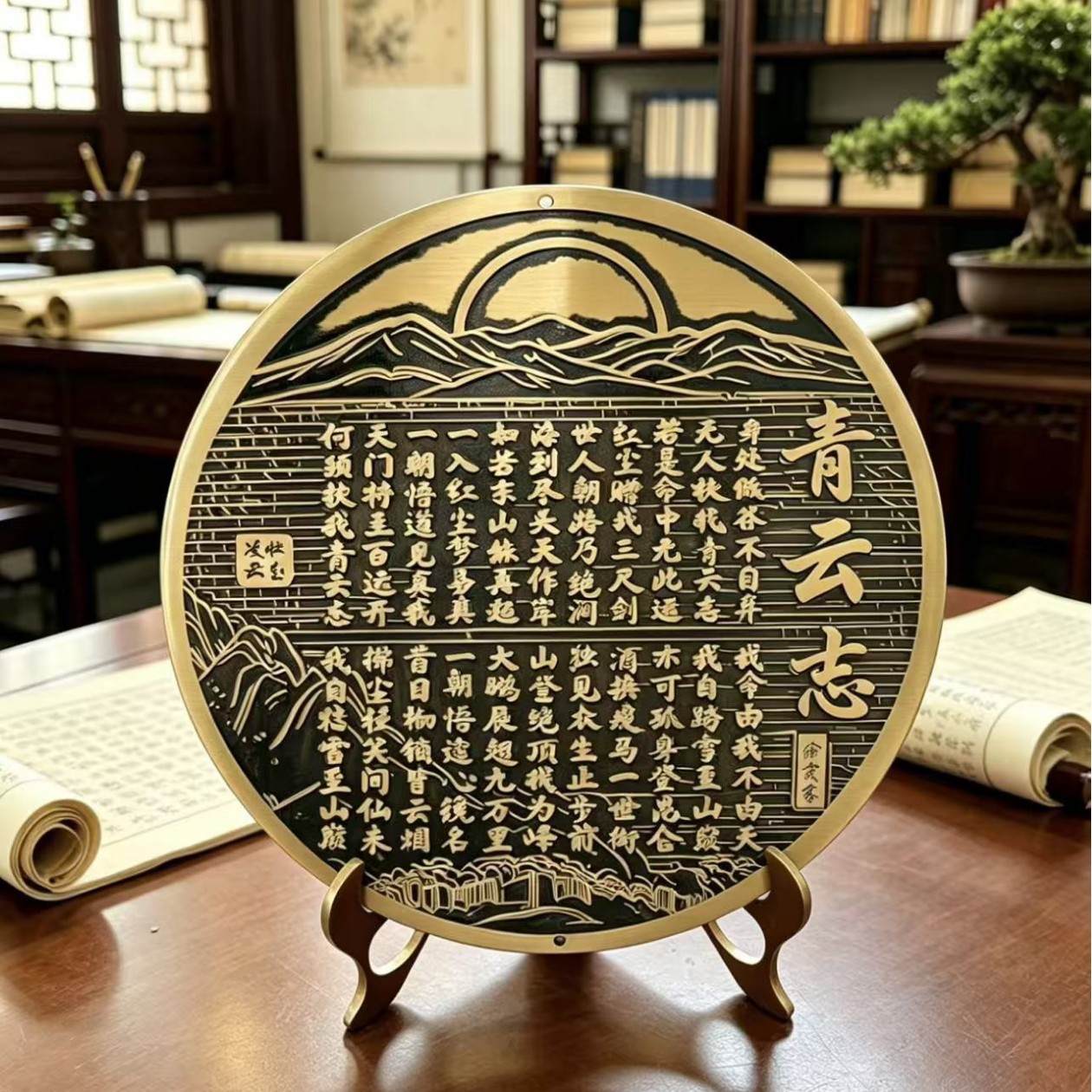 黄铜纯铜徐霞客青云志诗词铜摆件新中式家居桌面装饰工艺品玄关
