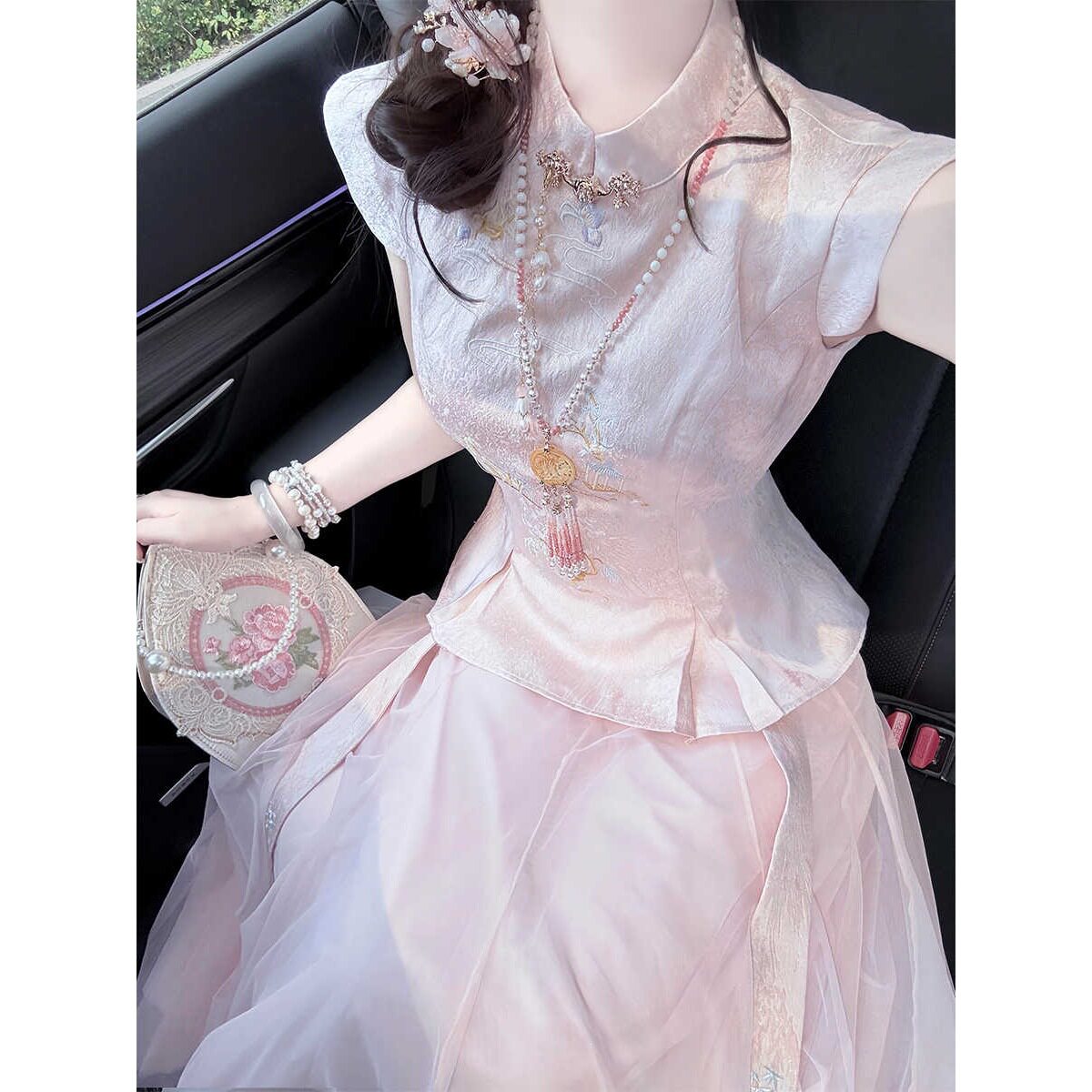 新中式套装女粉色订婚礼服重工刺绣无袖背心收腰上衣半身裙两件套