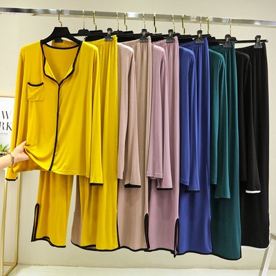 莫代尔长袖睡衣套装女夏季休闲简约可外穿长裤宽松大码居家两件套