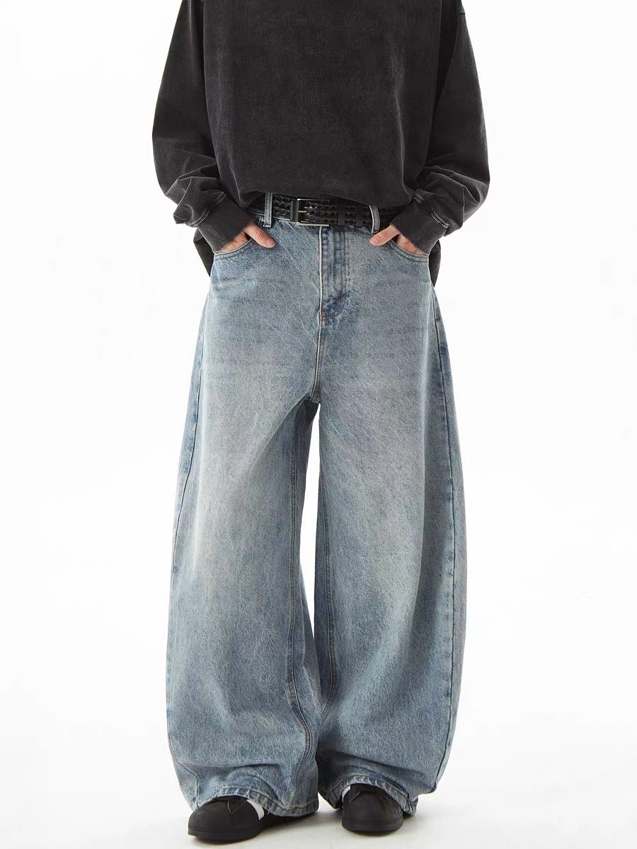 thumbnail for American retro washed blue scimitar jeans for men and women basic loose straight leg wide-leg slim casual long pants