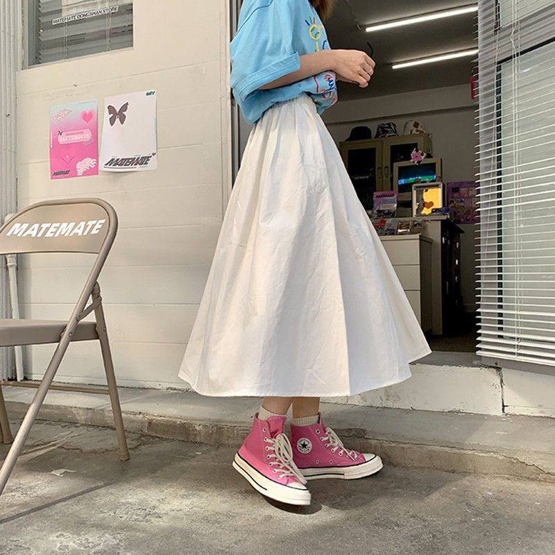 日式复古甜美工装半身裙女2024夏季大码胖mm高腰伞裙中长款a字裙