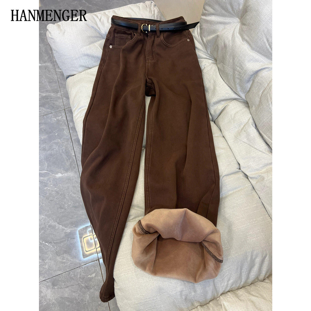 美式复古棕色加绒加厚直筒牛仔裤女大码胖mm梨形身材窄版阔腿裤潮