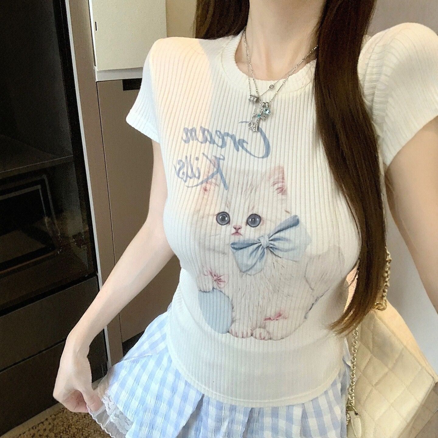 甜妹软萌卡通猫咪印花短袖女夏季修身收腰短上衣甜系少女百搭T恤