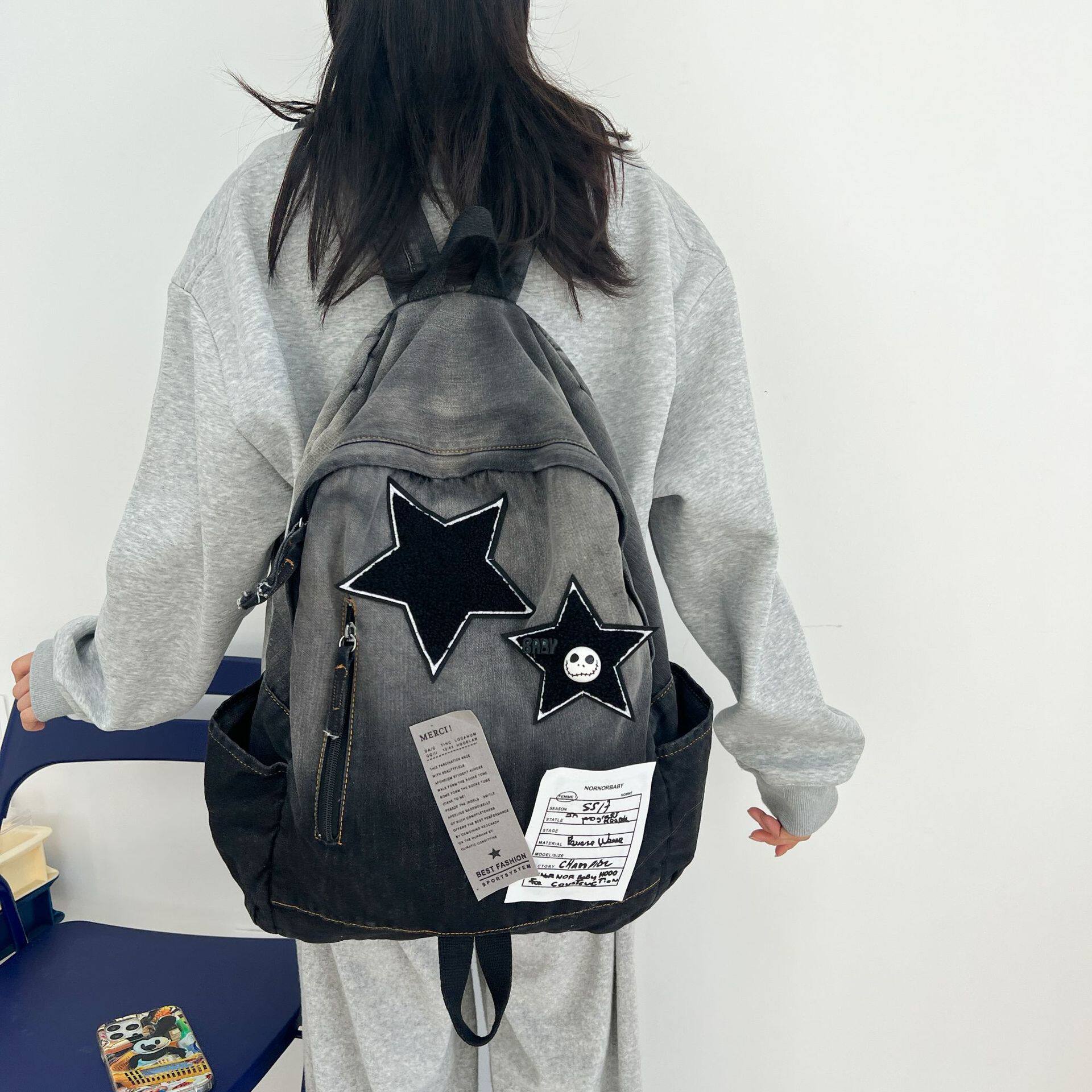 渐变牛仔星星双肩包初高中大学生复古风书包百搭旅行背包休闲百搭