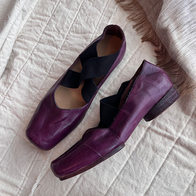 【执忆·手工鞋】复古马皮真水洗芭蕾鞋单鞋女低跟真皮大底猪鼻子