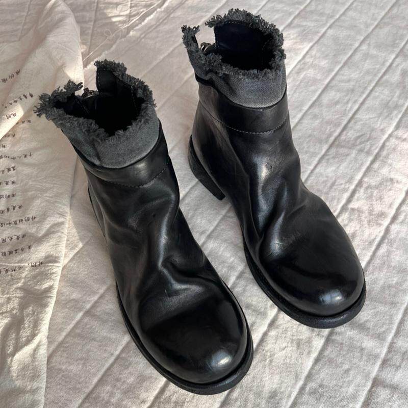 【手工鞋】高级黑灰手工水洗马皮马丁靴女复古皮底小短靴小众设计