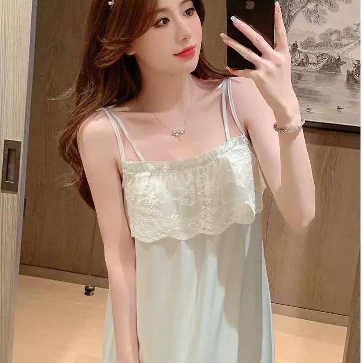 睡裙夏季女款2025新款冰丝睡衣女生吊带可爱性感夏天带胸垫家居服