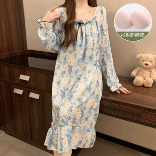 长袖 春秋长款 带胸垫睡裙甜美少女可爱性感宽松纯欲风家居服可外出