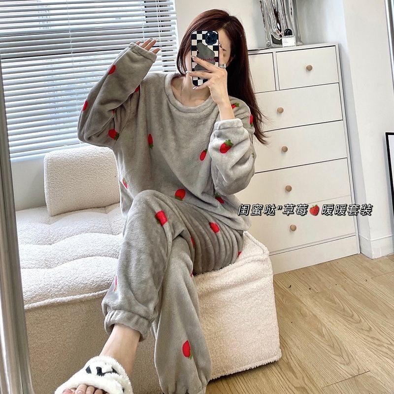 女士珊瑚绒睡衣女冬季可外穿加绒加厚甜美套头印花保暖家居服套装
