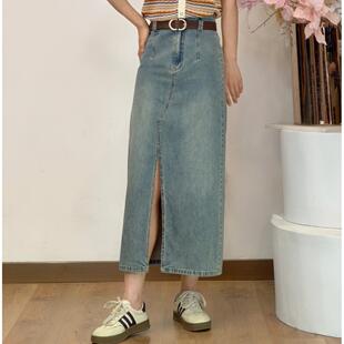可路莎专柜242318夏季牛仔半身裙开叉中长包裙