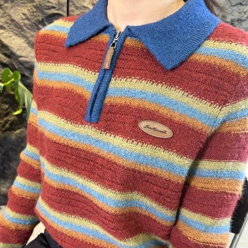 【可系】239662秋冬新款显瘦条纹针织衫女LOPO领短款毛衣