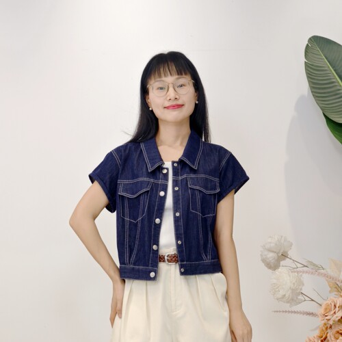 可路莎专柜252386夏季复古截短牛仔外套女POLP领短袖
