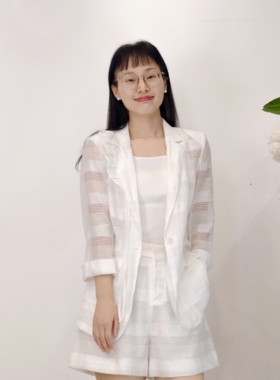 可路莎专柜232525A夏季条纹蕾丝西服拼接荷叶边女亚麻西装