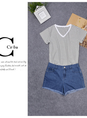 清仓捡漏~专柜撤柜【可系】82223夏季条纹V领短袖T恤女