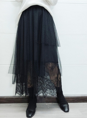 清仓捡漏~专柜撤柜【可系】秋冬94848拼接蕾丝网纱半身裙