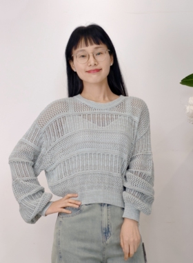 可路莎专柜251017春秋休闲双色镂空针织衫女性感短款毛衫