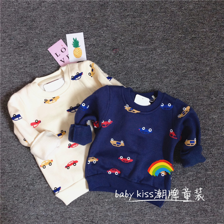 宝宝加绒卫衣小汽车上衣秋冬季Q2儿童女童藏青衣服男童米色打底衫