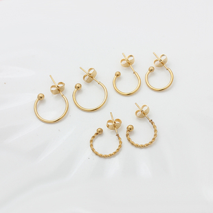 不褪色不锈钢钛钢真空镀18K金C形耳钉光面麻花耳钉耳饰diy配件