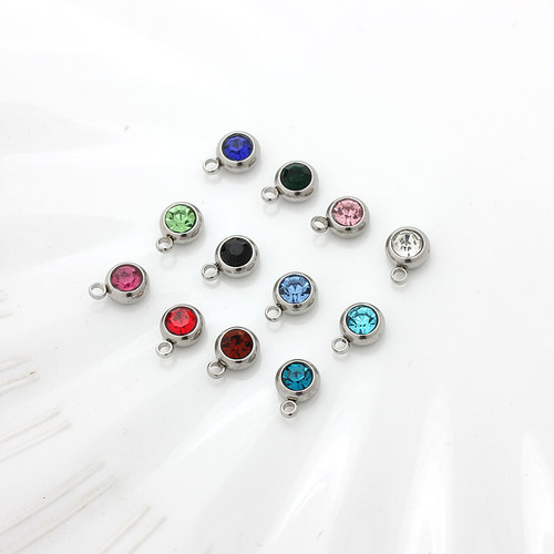 304钛钢不锈钢锆石小挂坠不褪色紫蓝红绿白粉圆形吊饰配饰DIY配件