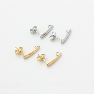 不褪色不锈钢钛钢镀18K金曲面T字耳钉高端手工耳饰材料DIY配件