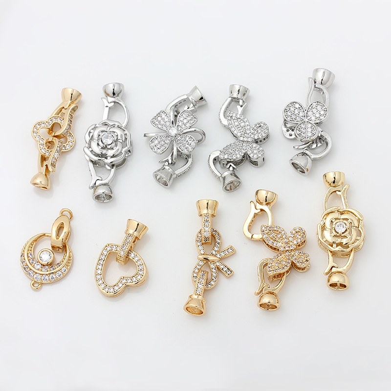 保色18K包金项链扣保色镶钻白金搭扣卡扣水晶扣珍珠扣子diy配件铜