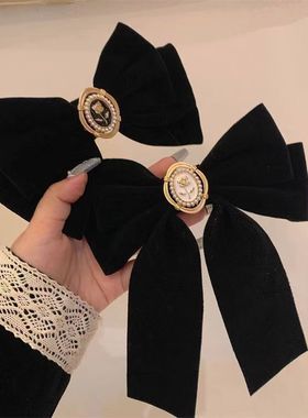 富家千金！黑色丝绒玫瑰花蝴蝶结发夹复古法式发夹小香风抓夹发饰