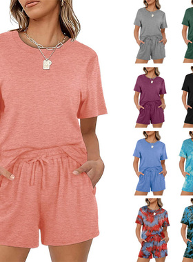 Ladies casual short sleeved+pocket shorts set女短袖+短裤套装