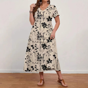 retro pattern Women floral dress女碎花圆领连衣裙 round neck