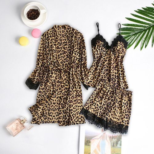 Women's leopard print lace camisole pajama set女豹纹睡衣套装