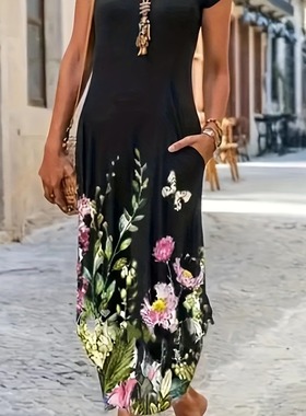 Women's printed pocket dress, mid length skirt连衣裙女中长裙