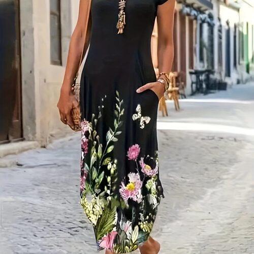 Women's printed pocket dress, mid length skirt连衣裙女中长裙