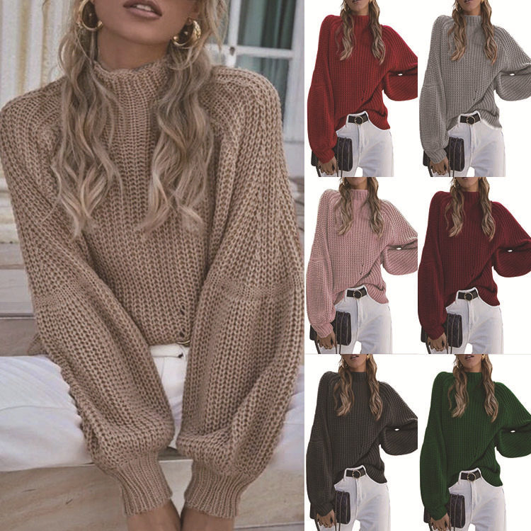 Women's loose semi high neck knitted sweater女装纯色高领毛衣