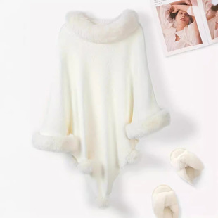 Women large fur collar plush pullover shawl女大毛领套头披肩