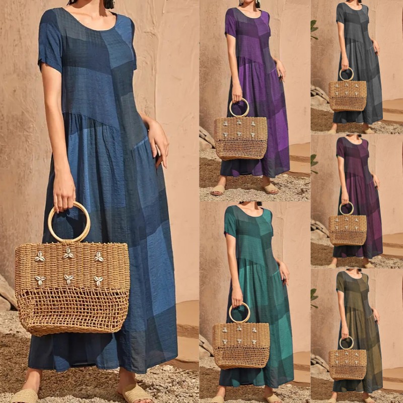 Women's retro pocket casual plaid long skirt dress女连衣裙图片