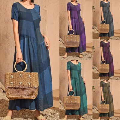 Women's retro pocket casual plaid long skirt dress女连衣裙