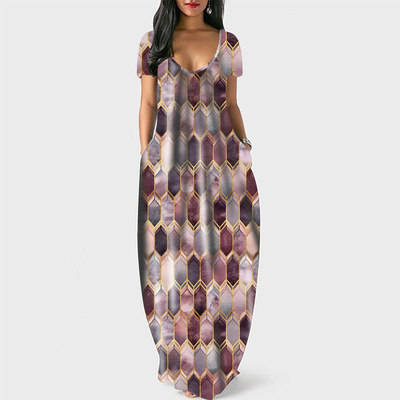 Women's geometric pattern pocket short sleeved printed dress