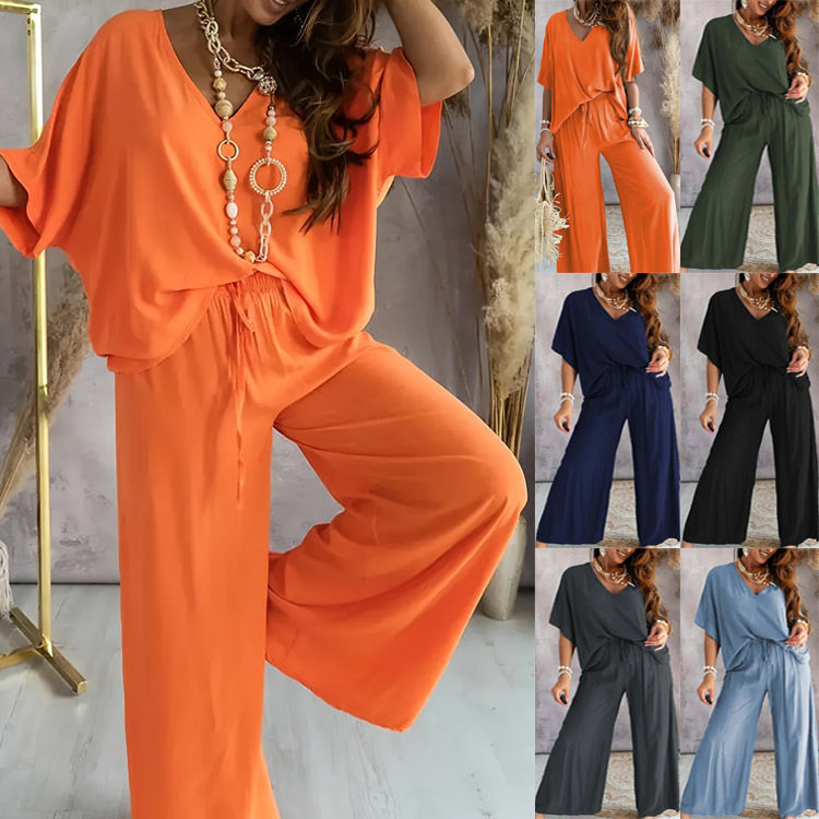 Women V-neck bat sleeves+wide leg pants set蝙蝠袖+阔腿裤套装