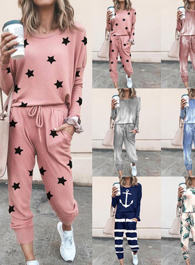 Women's loose printed long sleeved casual suit女宽松长袖套装