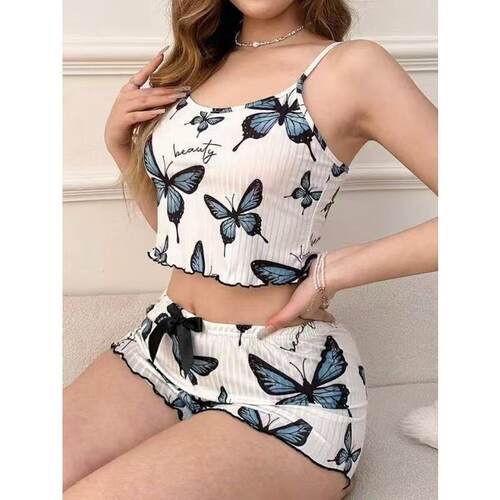 Women Butterfly Printed Pit Bar Sleepwear 2-piece Set女睡衣