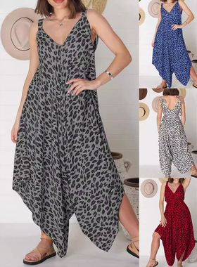 Women suspender leopard print wide leg jumpsuit女豹纹阔腿裤