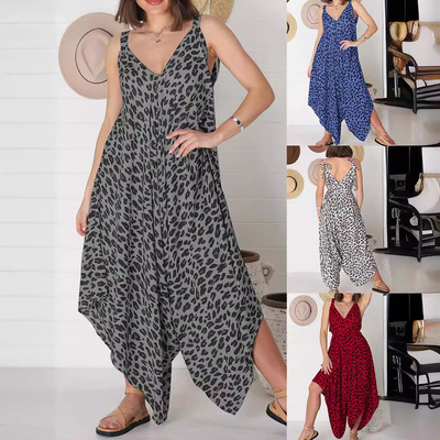 Women suspender leopard print wide leg jumpsuit女豹纹阔腿裤