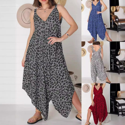 Women suspender leopard print wide leg jumpsuit女豹纹阔腿裤